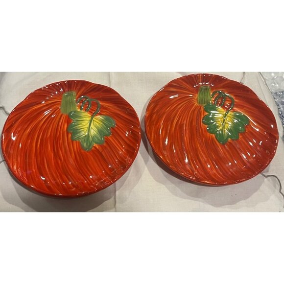 Celebrating Home Pumpkin Ceramic Plates Set Of 2 Hand-Painted Autumn Design - Picture 5 of 9